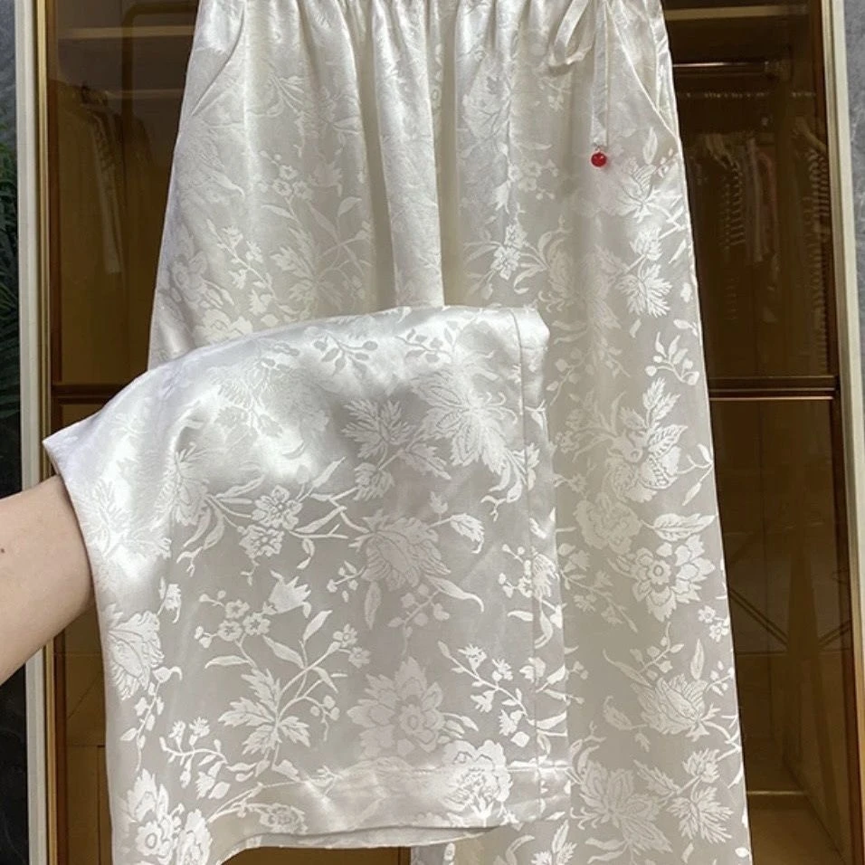 【店铺热销】国风提花缎面裤子中式阔腿裤女春夏新款高腰垂感显瘦