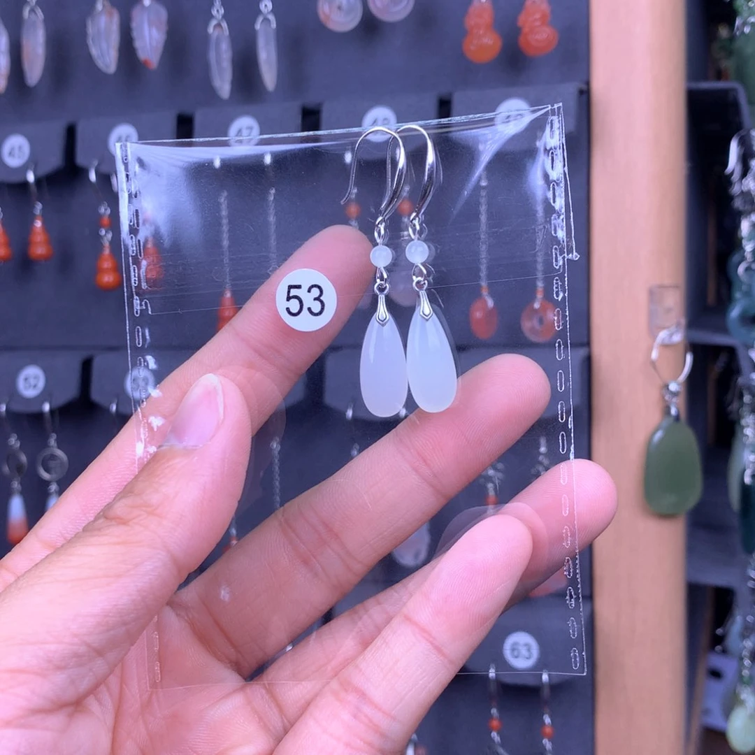 和田玉耳饰银S925镶嵌沧**月