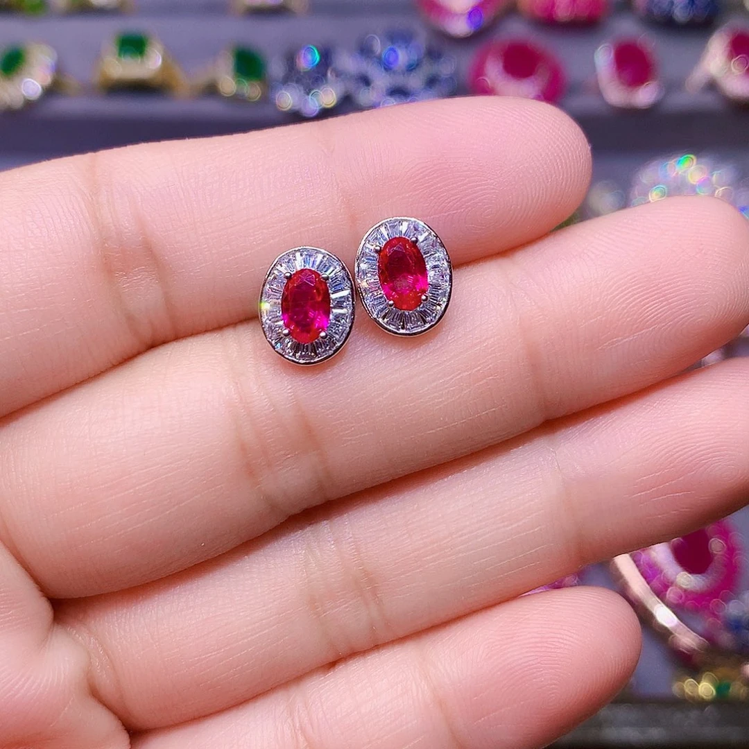 红宝石耳饰银S925镶嵌