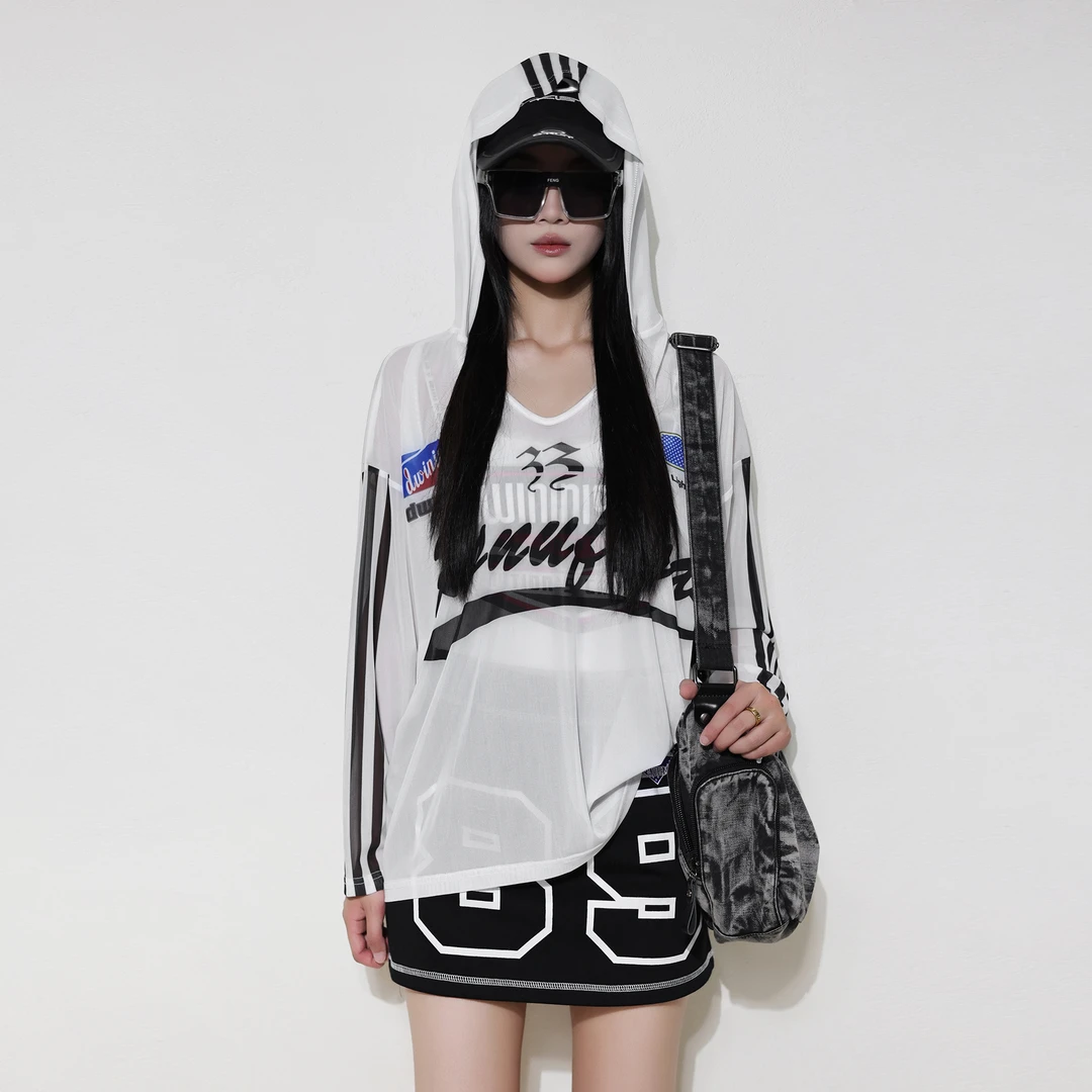 夏季薄防晒透气凉感网纱连帽长袖弹力宽松隔热上衣女IN1725