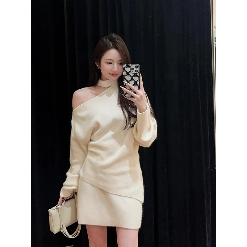 纯欲风性感露肩长袖毛针织衫女冬季新款高腰包臀半身裙两件套1345