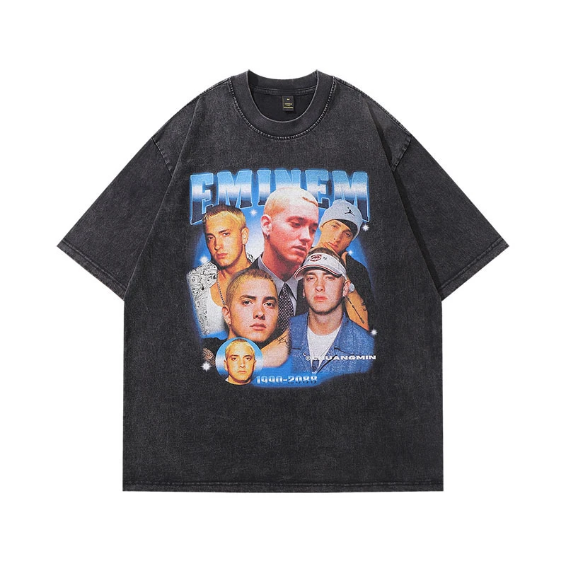 美式复古嘻哈印花水洗做旧小领口短袖宽松t恤男女vintage古着