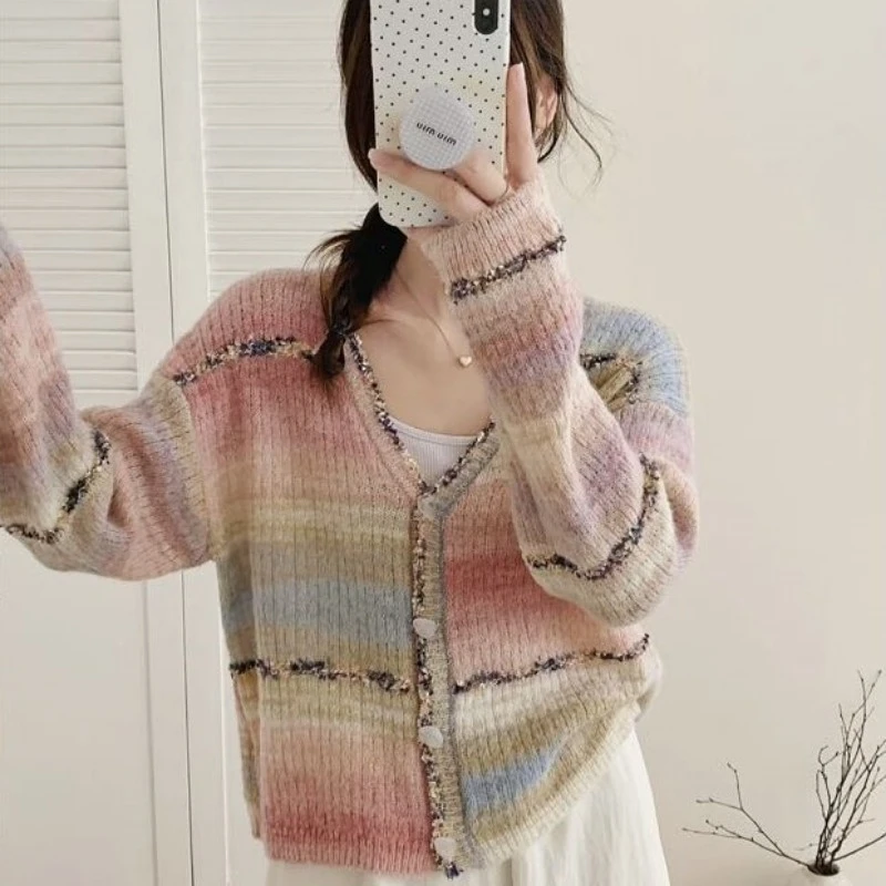 韩版宽松显瘦减龄V领毛衣渐变色条纹针织开衫女软糯气质外套上衣