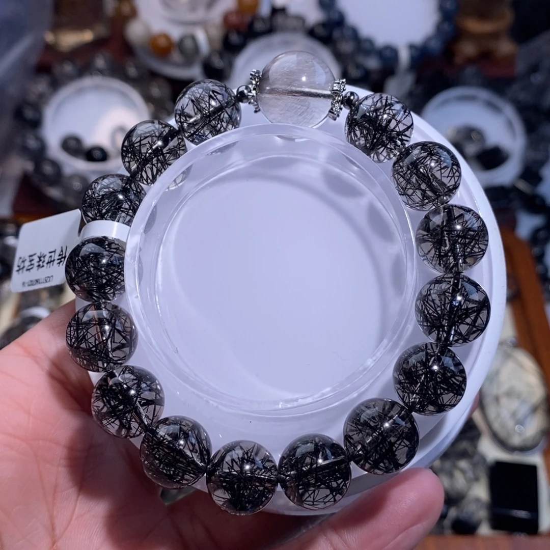 水晶未镶嵌手链黑发晶黑银钛设计款12mm全透体毕业级