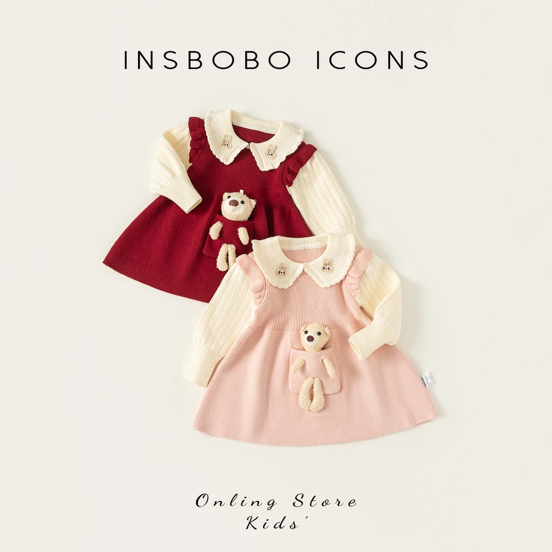 INSbobo女童针织连衣裙秋冬新品款可爱小熊裙子儿童毛衣裙QQ42078