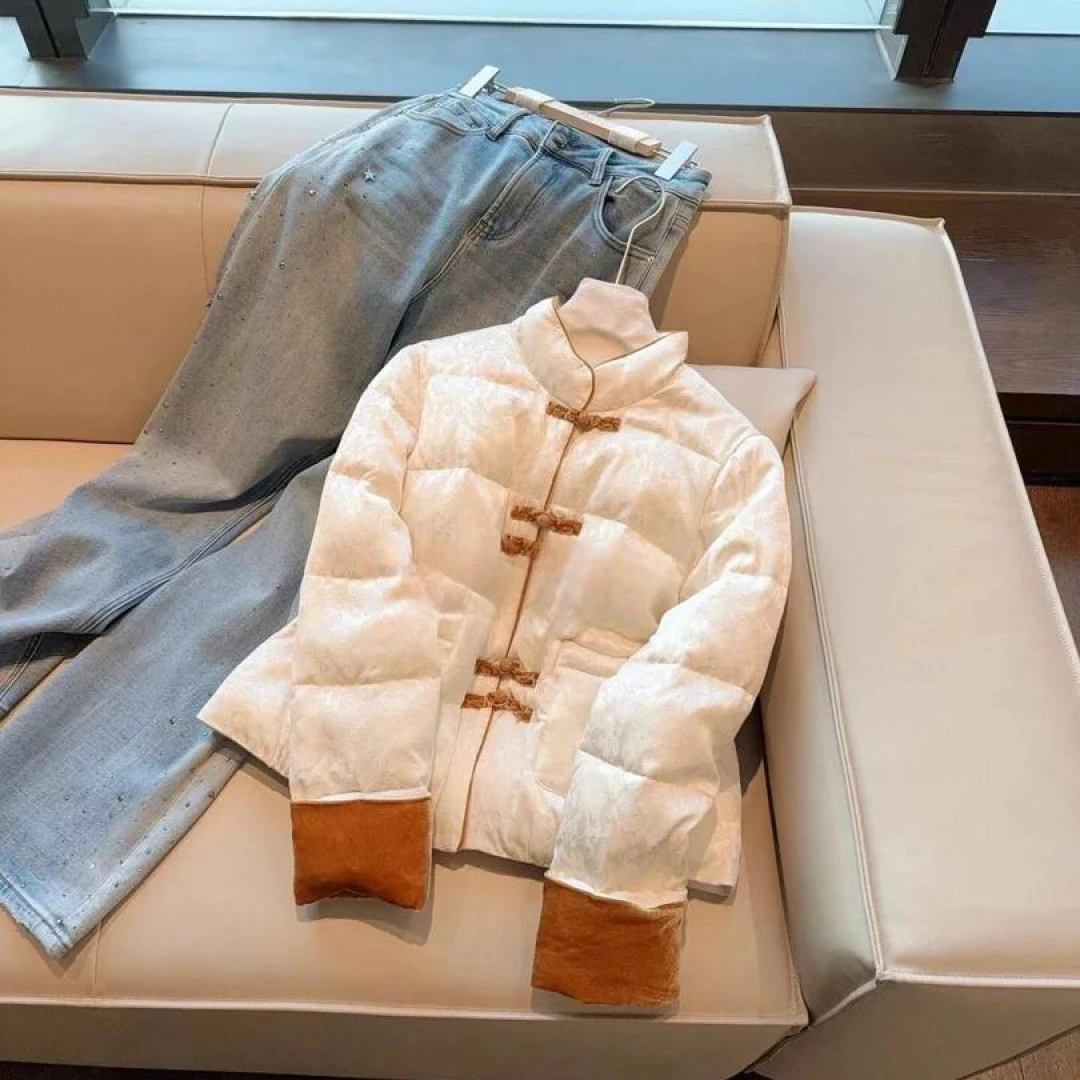 新中式撞色盘扣立领棉服外套女2024秋冬新款宽松百搭时尚保暖棉衣