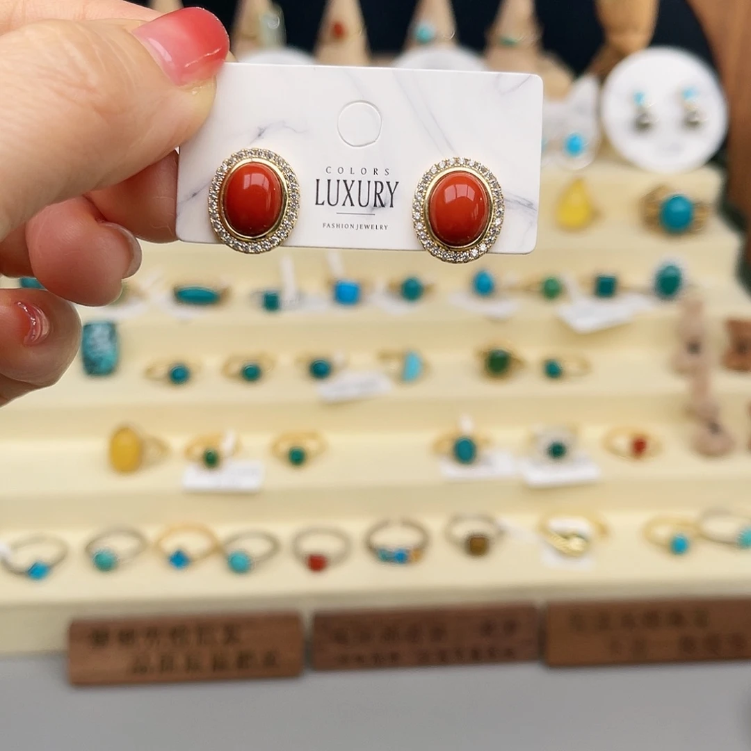 南红玛瑙耳饰合金