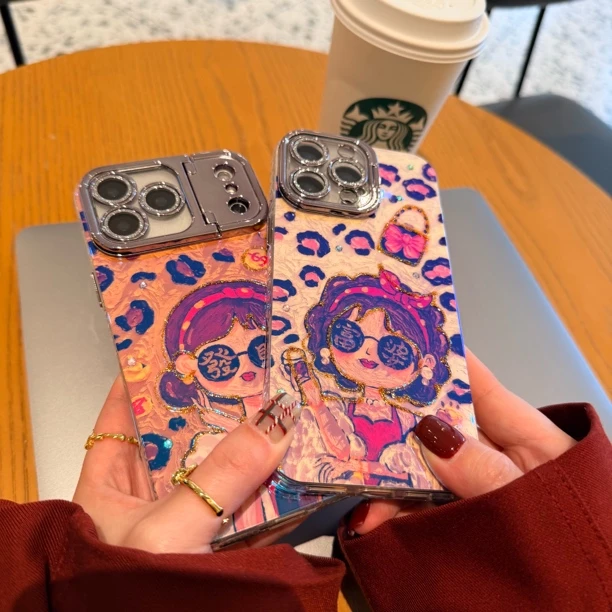 豹纹富婆风适用苹果系列17PROMAX手机壳全包闪粉镜头膜隐形支架16