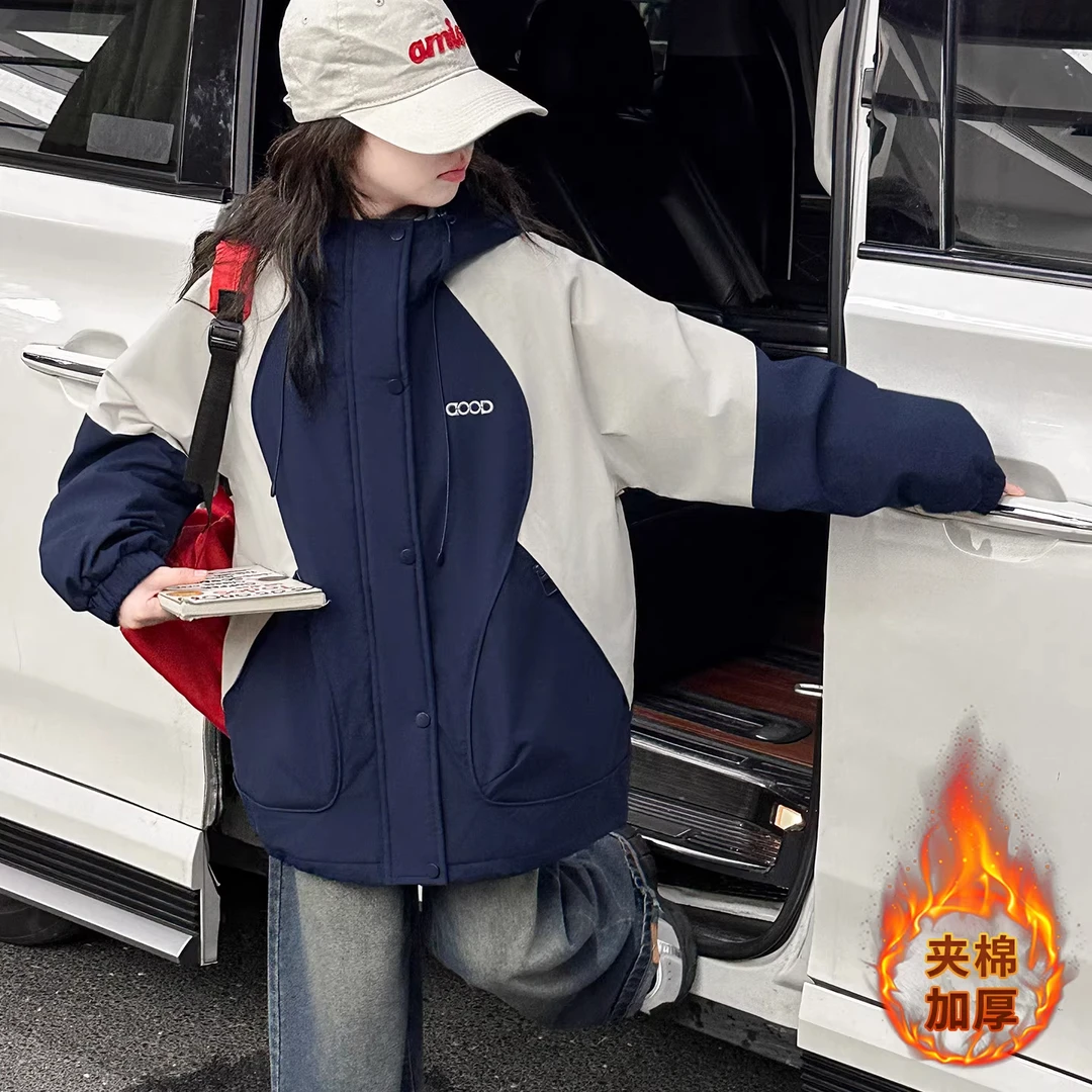女童韩系夹棉外套洋气儿童秋冬款加厚保暖上衣女大童撞色冲锋衣