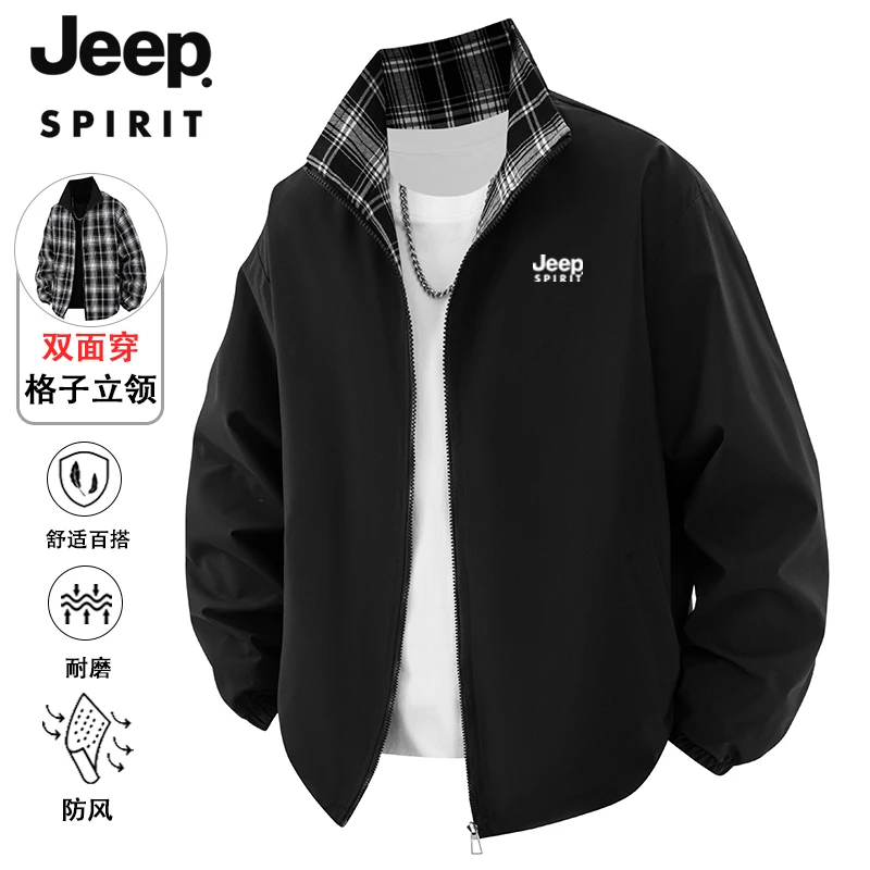 JEEP SPIRIT 吉普时尚 双面穿立领夹克男士春秋美式休闲格子外套