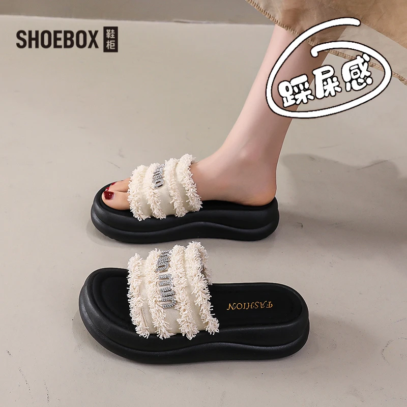 SHOEBOX鞋柜2025夏款法式小香风拖鞋女夏外穿水钻一字厚底凉拖鞋