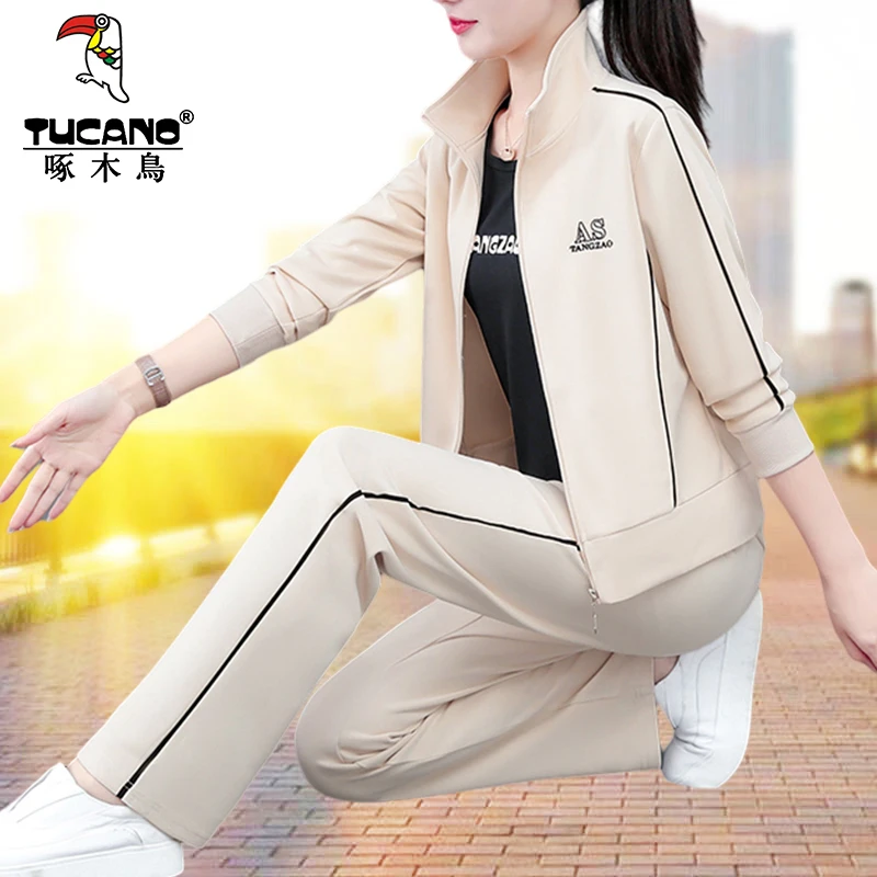 啄木鸟中年妈妈阔腿裤两件套跑步服女装时尚套装运动春秋开衫休闲
