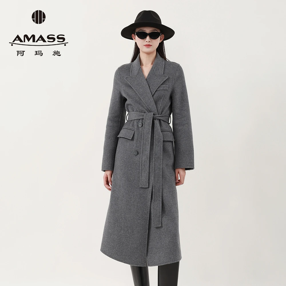 阿玛施AMASS经典百搭双排扣新款双面呢气质长款毛呢大衣女5400860