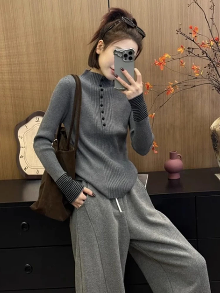 灰色半高领条纹假两件针织衫毛衣女士秋冬修身内搭打底上衣高级感