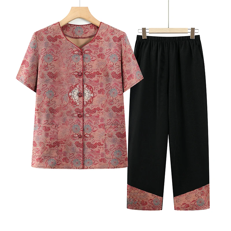 奶奶夏季套装妈妈宽松短袖衬衫两件套中老年人国风唐装老太太衣服