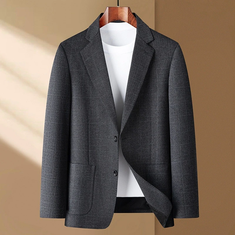 简约大方男士时尚休闲西装秋冬新款中年格纹百搭潮流西服外套