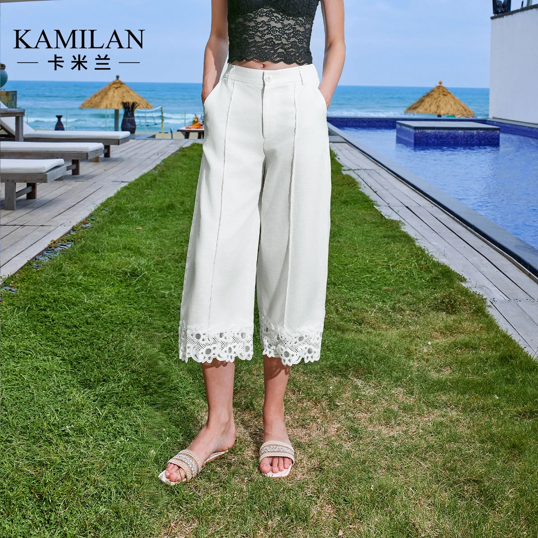卡米兰蕾丝拼接阔腿休闲裤女2025夏季新款流行七分裤子直筒宽松