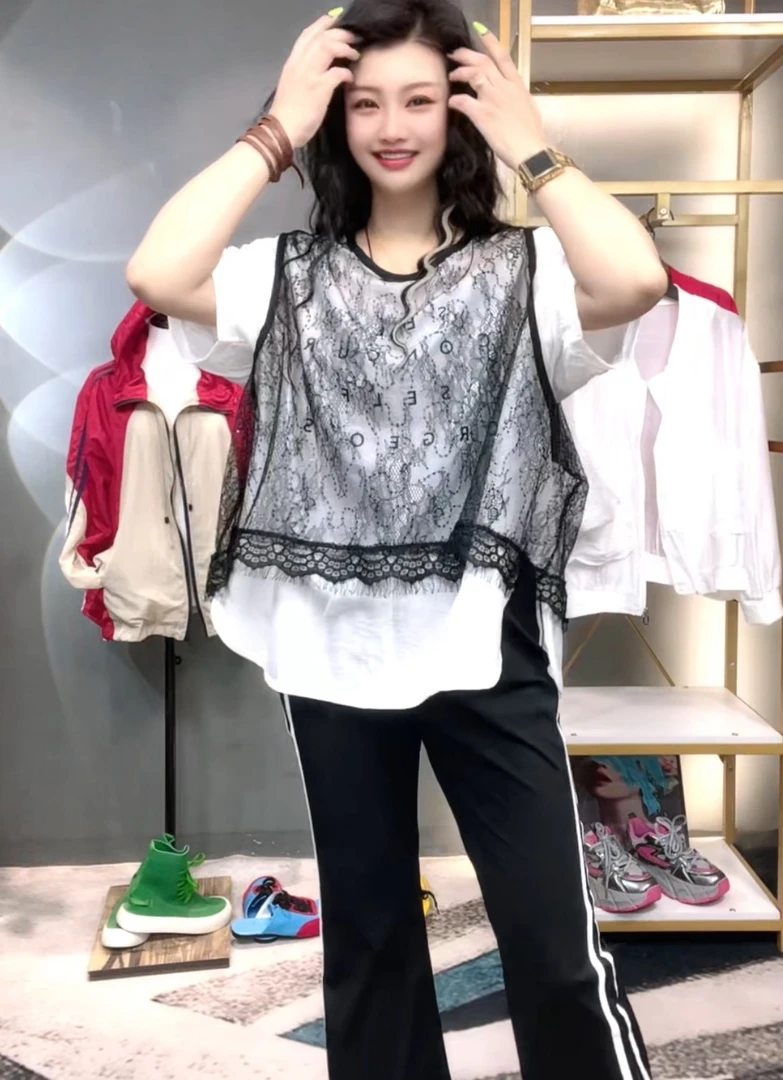奇奇家潮派大码夏季新款宽松韩版时尚重工拼接蕾丝假两件百搭上衣