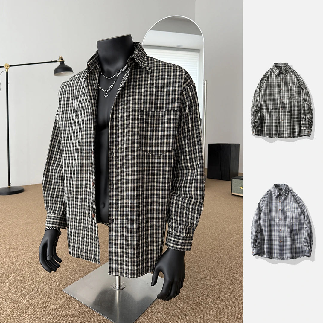 美式复古cleanfit外套黑灰格子衬衫情侣款慵懒风衬衫痞帅休闲衬衣