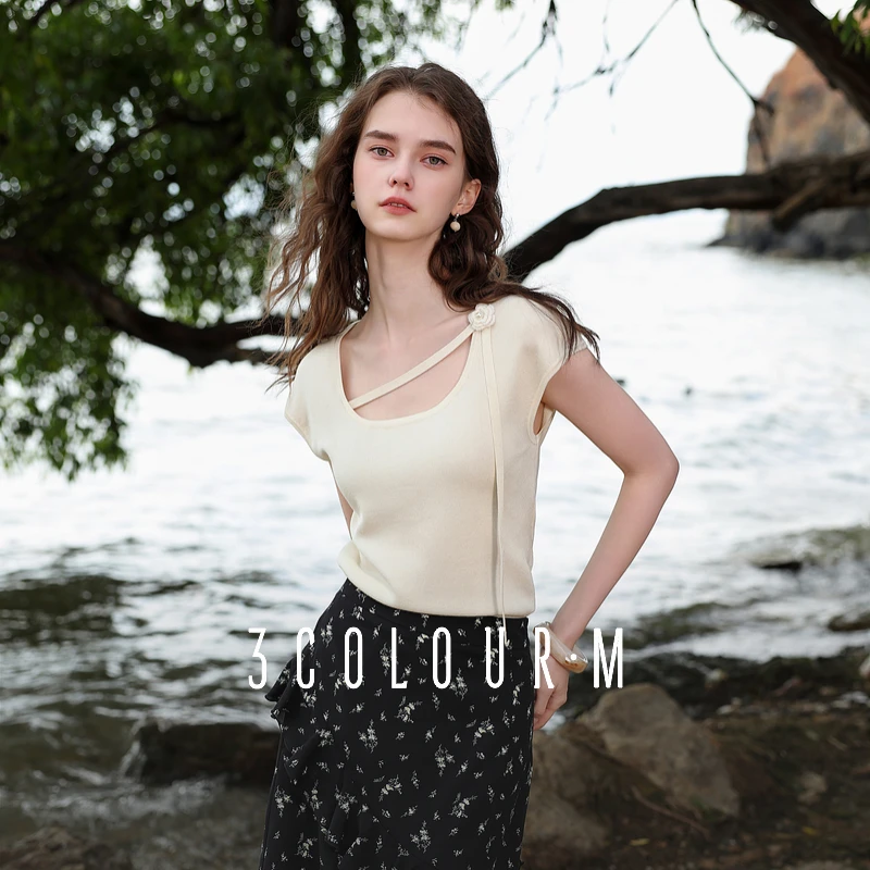 三彩2025夏季新款花朵飘带针织衫法式方领短袖套头毛衫休闲M