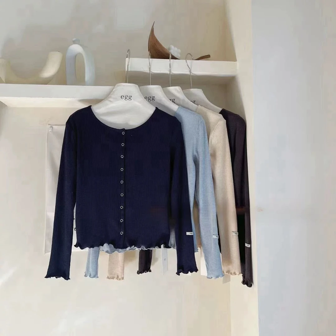 韩国东大门代egg春甜美温柔风卷边修身单排扣薄款开衫#