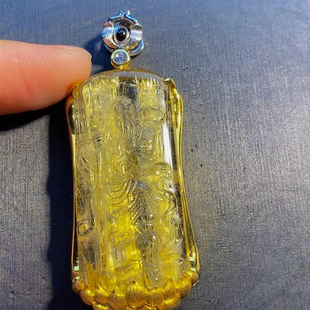 水晶颈饰银S925镶嵌天然钛晶关公吊坠