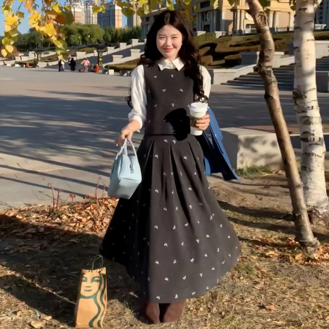 韩系氛围感内搭长袖灰色套装连衣裙子女秋冬季高级感长裙9206