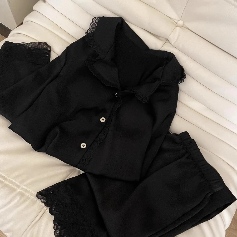 法式蕾丝花边冰丝睡衣女春秋季新款高级感黑色长袖大码家居服套装