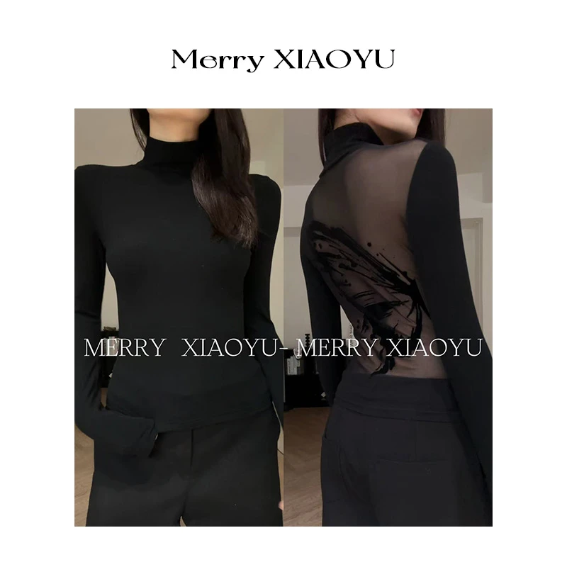 小鱼【时髦赢家】小众设计辣妹性感黑色蝴蝶印花显瘦修身上衣