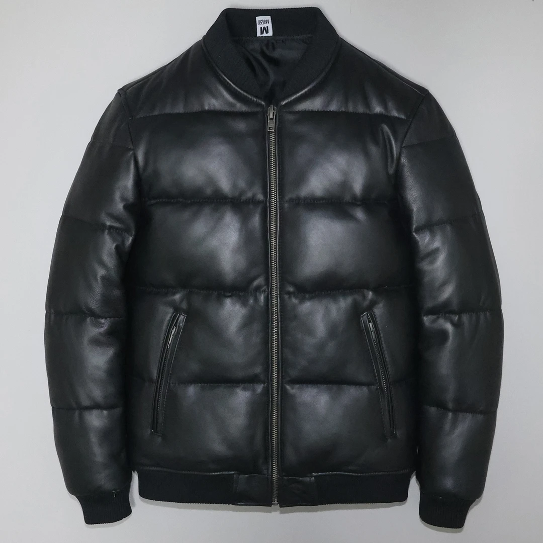 内米霍切高端头层绵羊真皮冬季男修身短款休闲棒球羽绒皮夹克外套