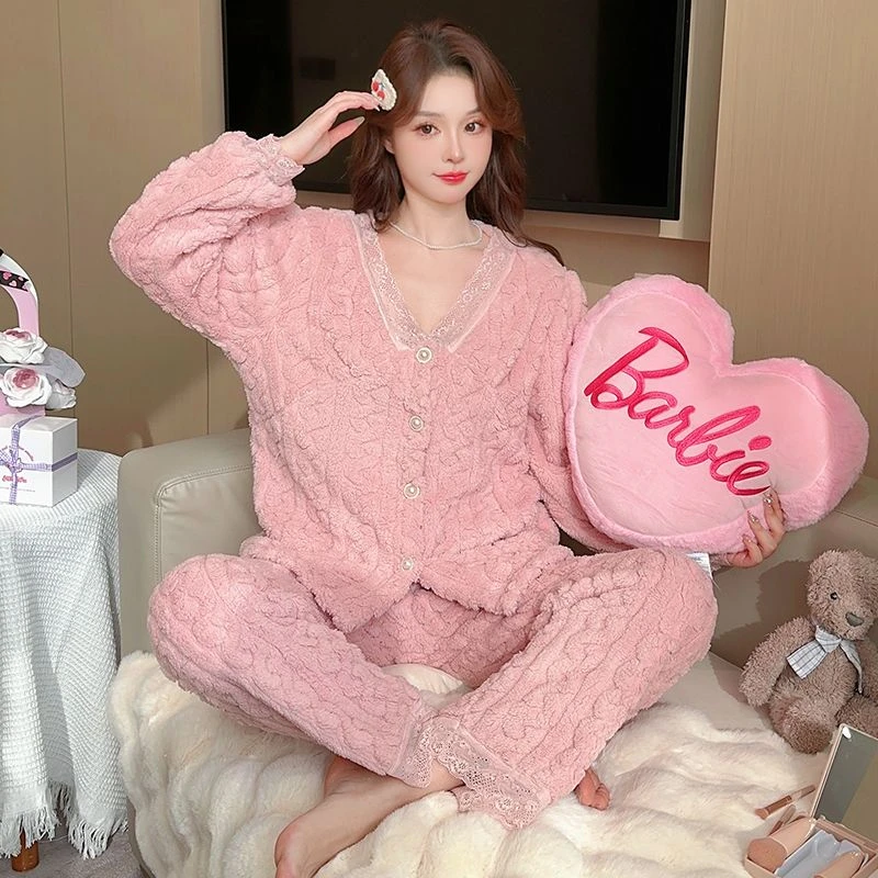 睡衣女士秋冬季加厚长毛绒甜美蕾丝边公主风保暖家居服套装可外穿