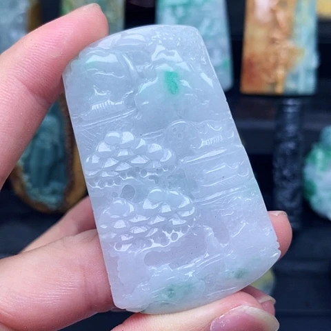 翡翠未镶嵌颈饰缅甸翡翠手工山水牌