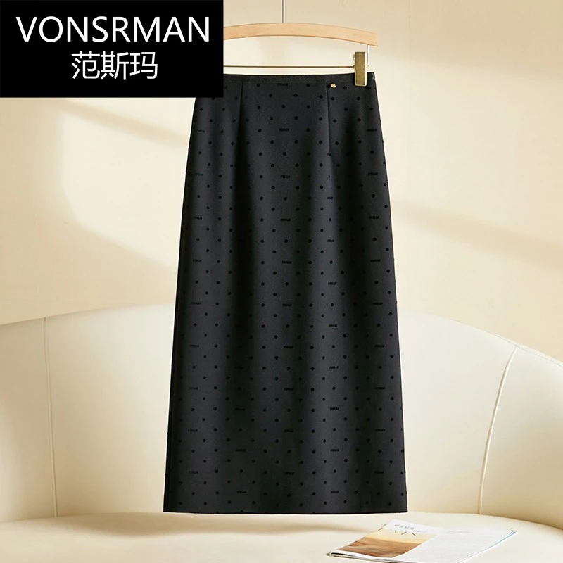 VONSRMAN黑色波点半身裙女2025新款春季刺绣中长款a字开叉直筒西