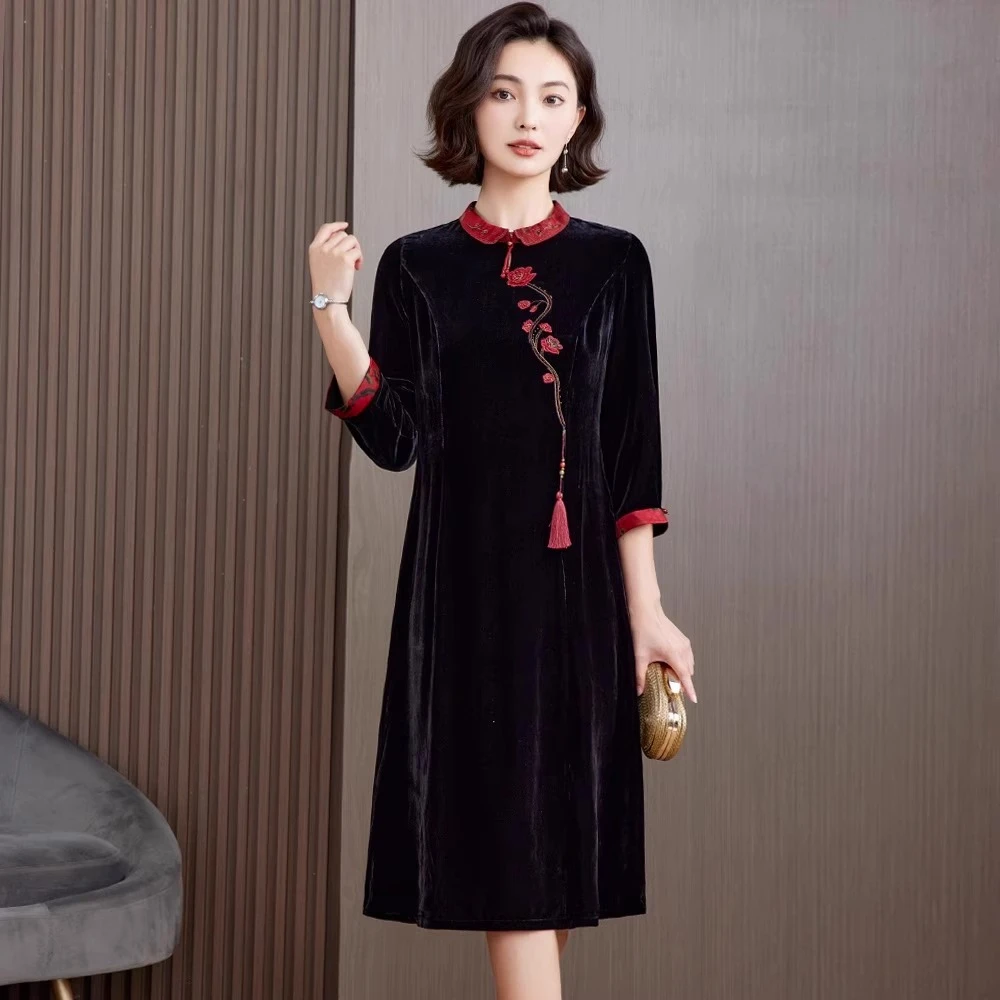 桑蚕丝绒长裙方领丝绒妈妈连衣裙拼香云纱优雅复古时尚婚宴裙气质