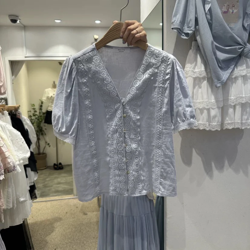 夏季女士法式花边V领短袖白衬衫时尚百搭舒适067