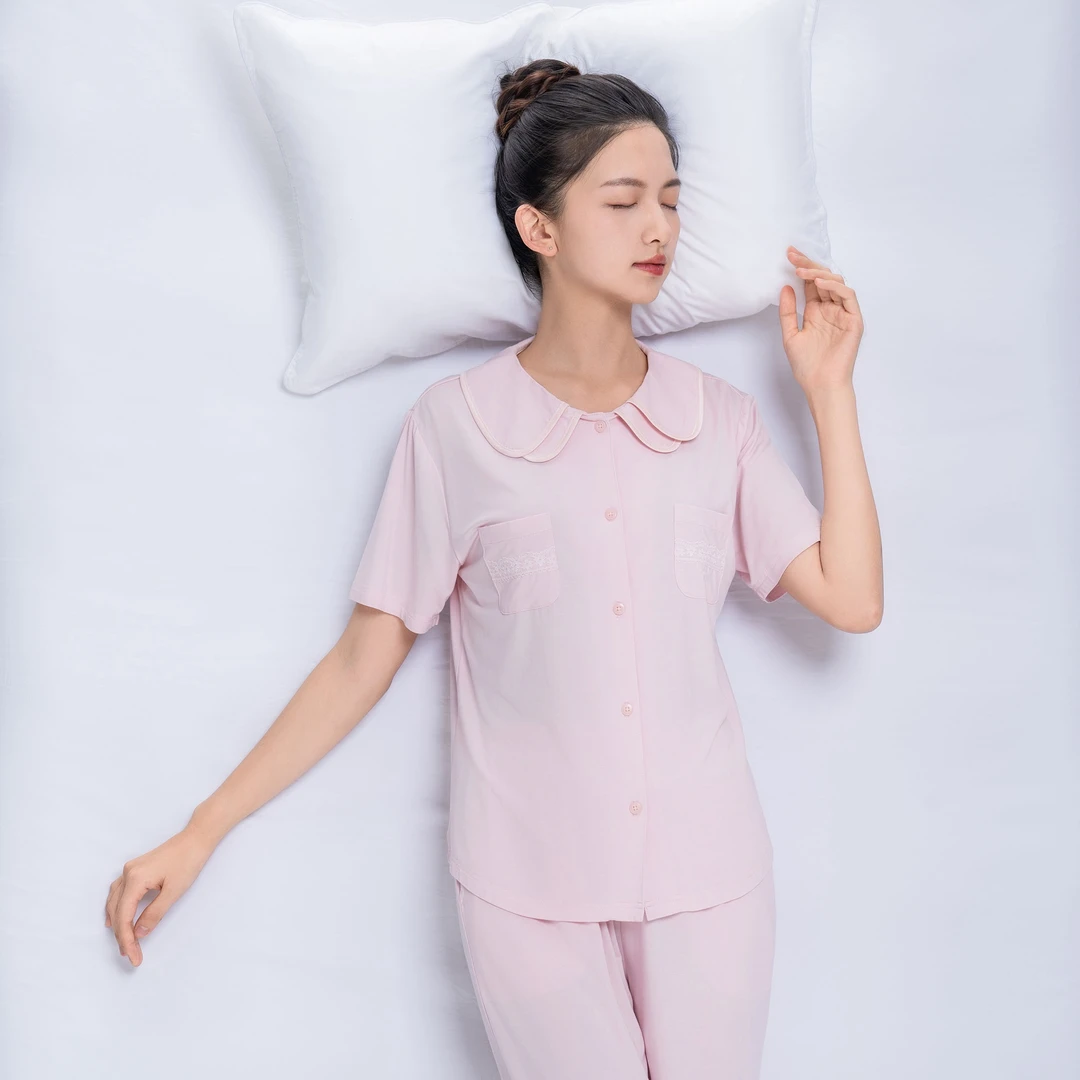 【三合竹衣】咏竹女士纯色起居服休闲套装夏季睡衣薄款粉色家居服