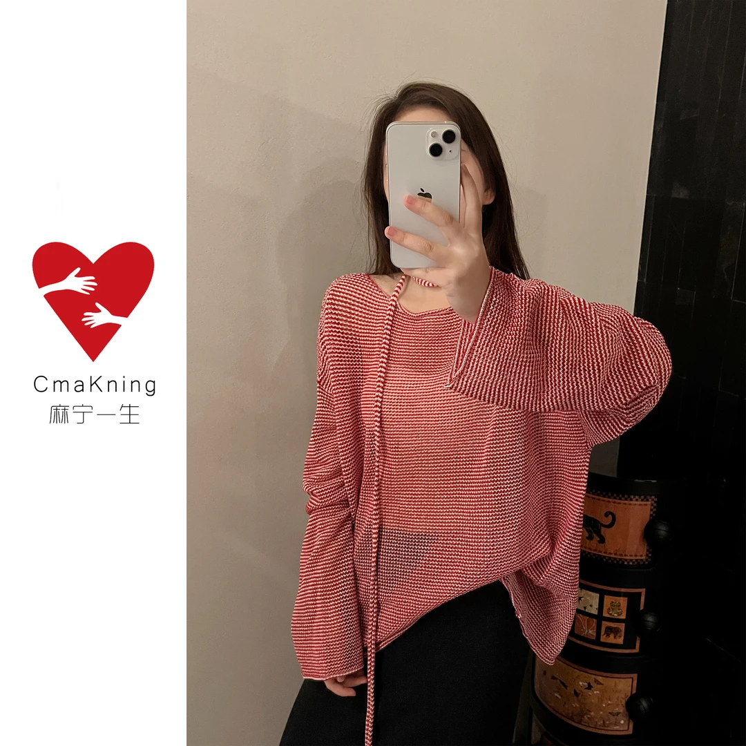 麻宁一生CmaKning【织芯】时髦感宽松洋气圆领长袖针织镂空上衣女
