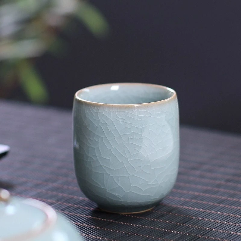哥窑开片汝窑风格功夫茶杯家用主人杯茶具手工大号天青色刻字