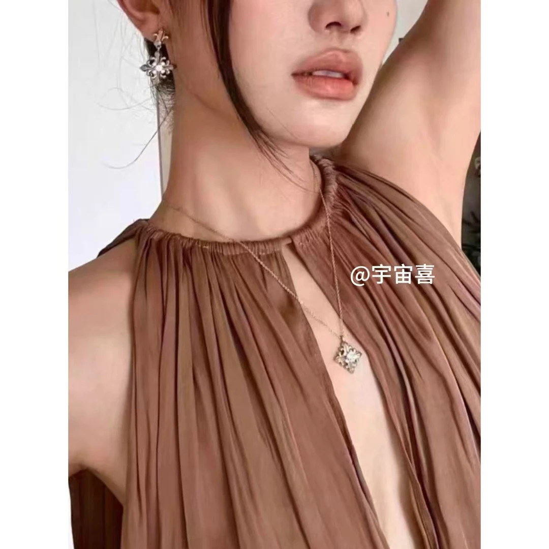 铜合金项链 I1-647【浅金色小号米子花白锆细链项链】