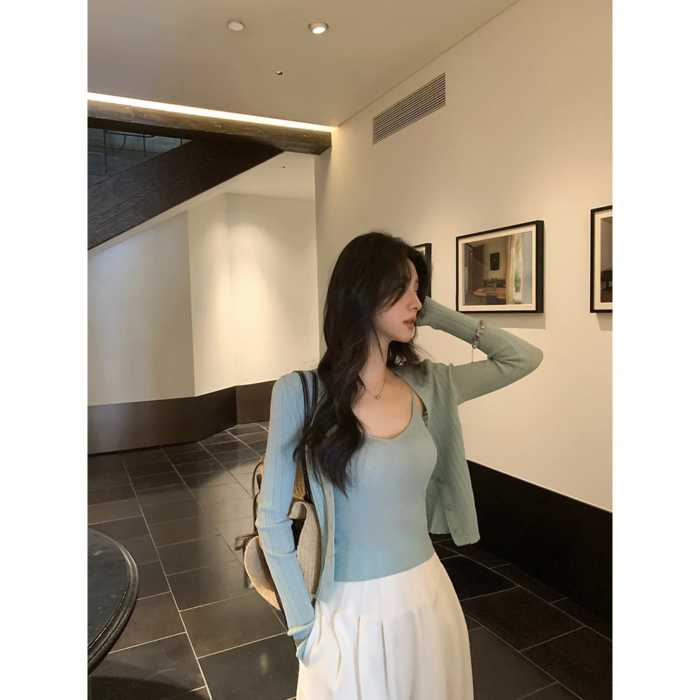 针织长袖显瘦开衫短外套+V领小弧度吊带女夏新款【娜家衣柜】上衣