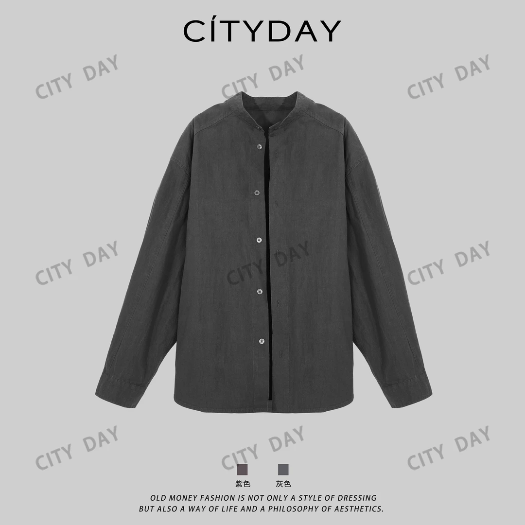 CityDay【灰叔】棉中“白月光”100匹马棉小立领老钱风长袖衬衫 70251