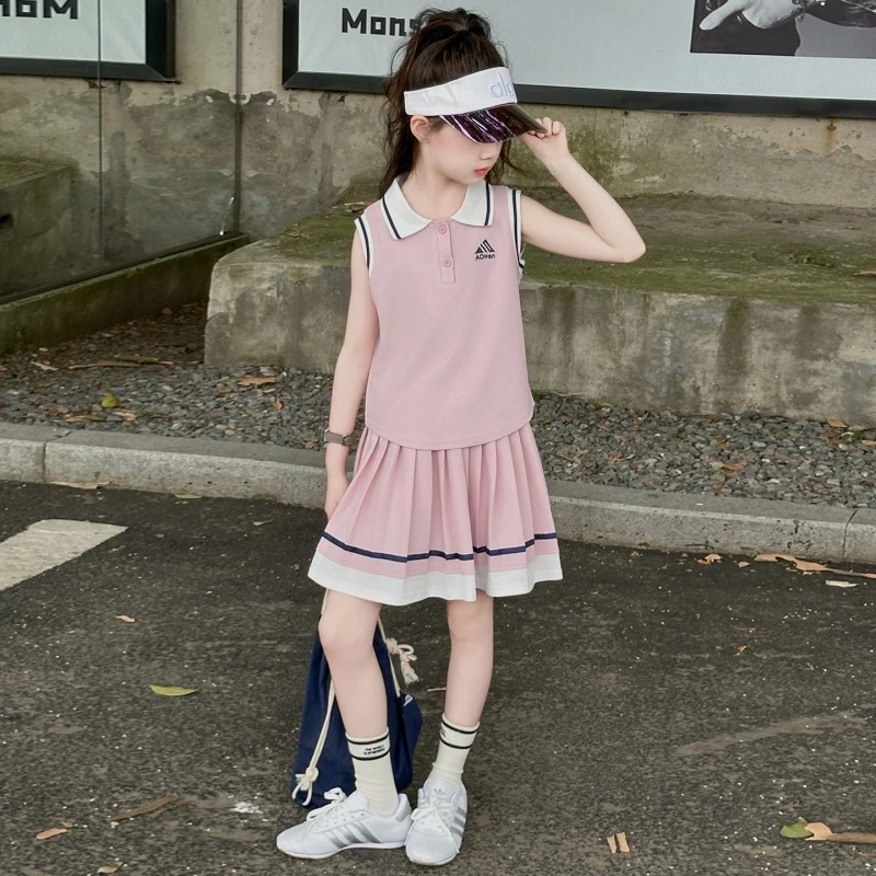 薄款休闲中大童裙子夏装无袖休闲风夏季套装女学院风SQ1252