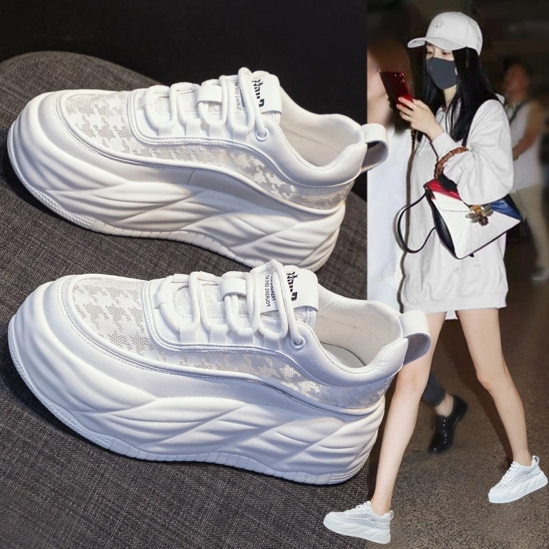 厚底松糕小白鞋女夏季2025新款百搭真皮透气网面运动休闲老爹板鞋