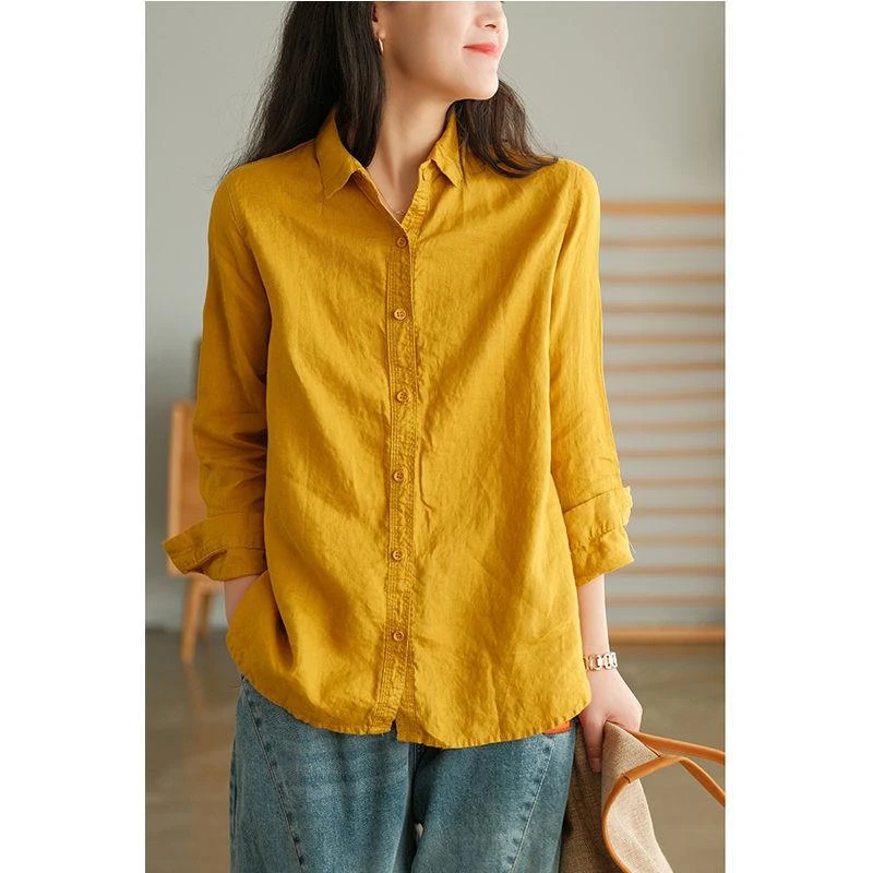 日系高端外贸出口女装长袖棉麻衬衫女休闲衬衣宽松大码亚麻料上衣