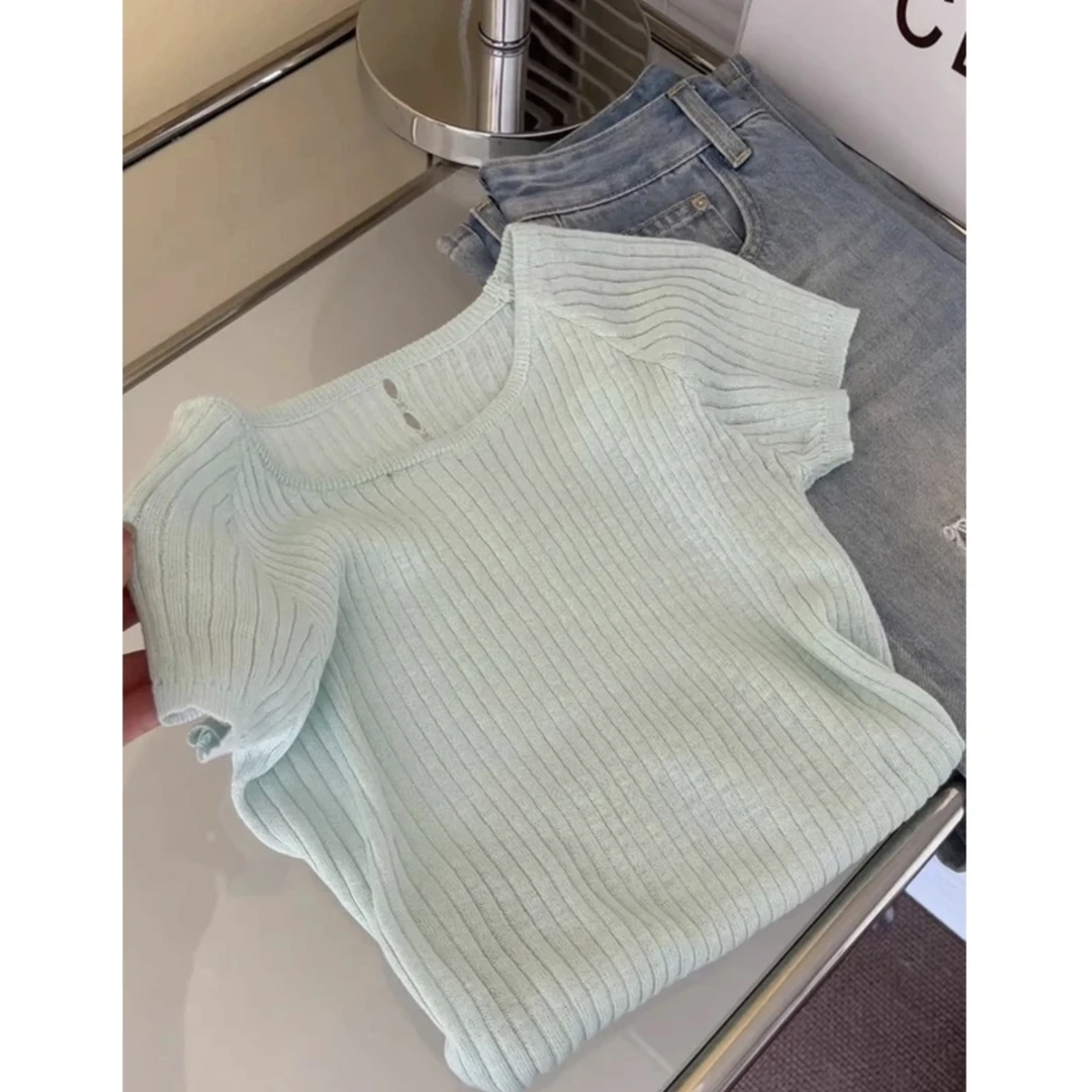 薄荷绿显瘦针织正肩冰丝短袖T恤女2025新款爆夏季多巴胺百搭上衣
