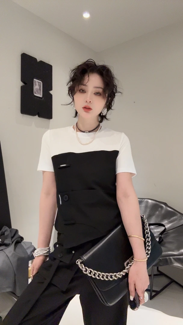 FANYE  2025春夏新款设计感拼接假两件不规则短袖T恤25137