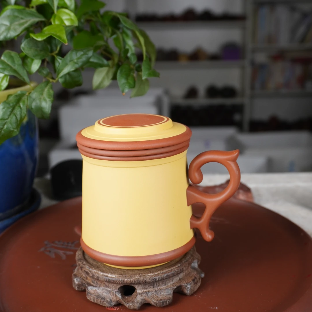 宜兴紫砂盖杯直筒大容量双色纯手工宽口带盖茶杯盖精美双层便携