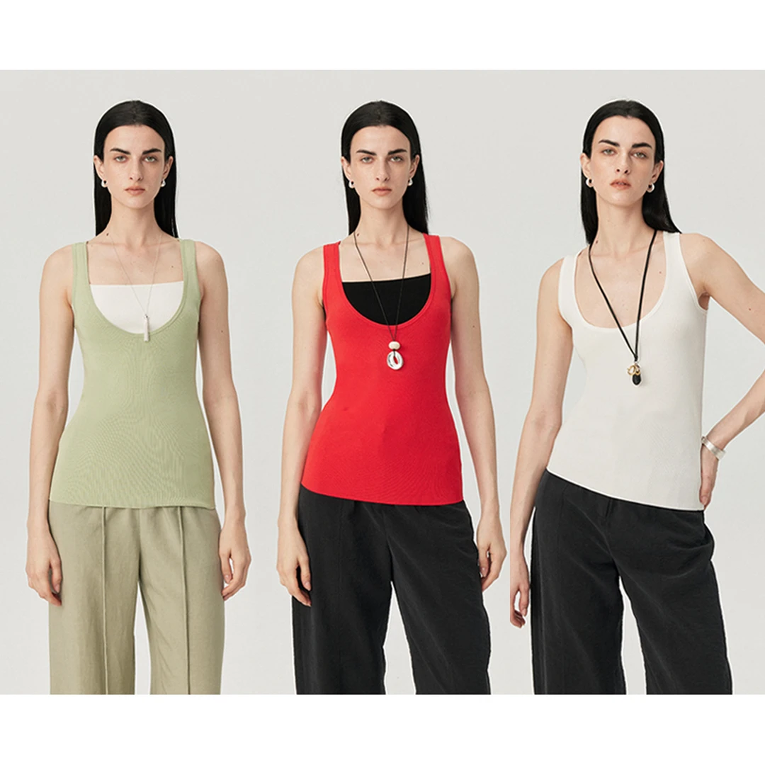 MARIUS“元气弹”白厂丝高弹力罗纹法式慵懒感宽肩带背心抹胸