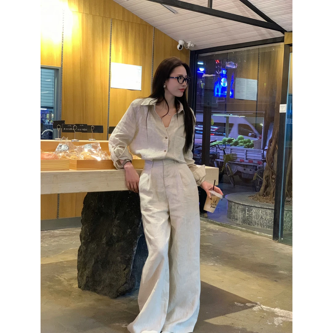 XILI 1OO亚麻慵懒衬衫休闲两件套女松弛感老钱风