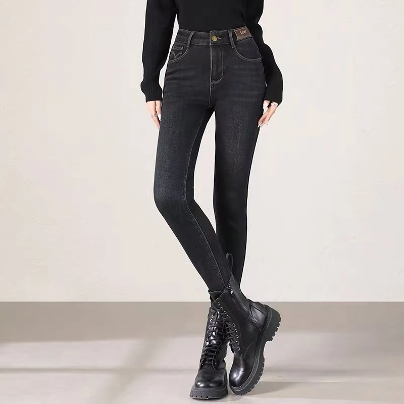 88307#DE字母款加绒牛仔裤女休闲显瘦高腰时尚百搭冬季小脚裤加厚